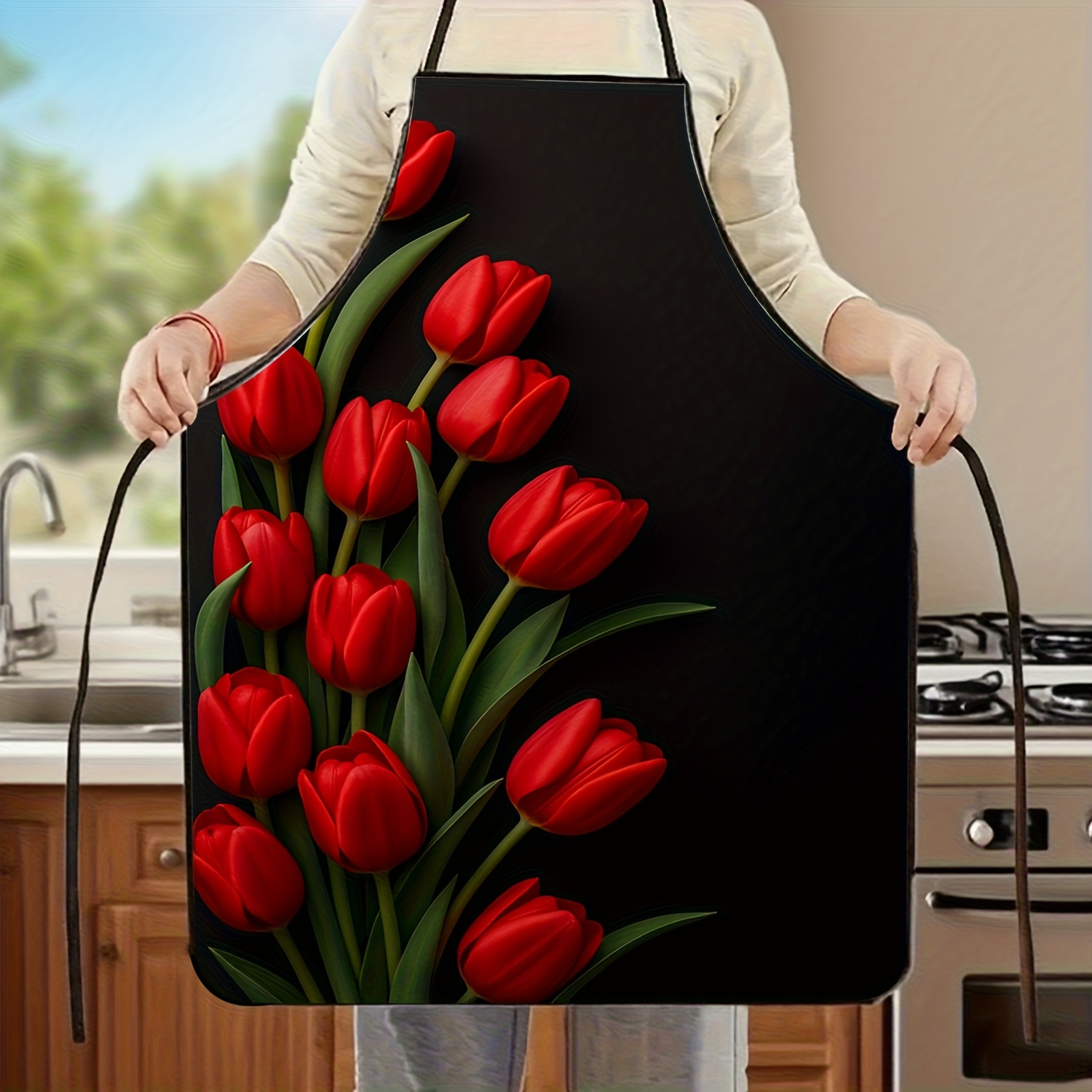 Kitchen Baking Background - ผ้ากันเปื้อนลายดอกทิวลิปสีแดง 1 ชิ้น พื้นหลังสีดำ สำหรับทำอาหาร อบขนม