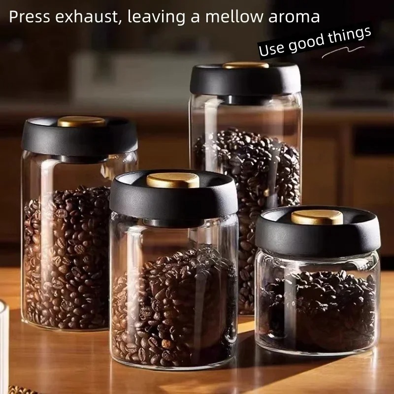 Kitchen Job - โถเก็บกาแฟสุญญากาศแบบแมนนวล ทำจากแก้วบอโรซิลิเกตคุณภาพสูง ป้องกันความชื้น สำหรับเก็บชาและกาแฟในครัว