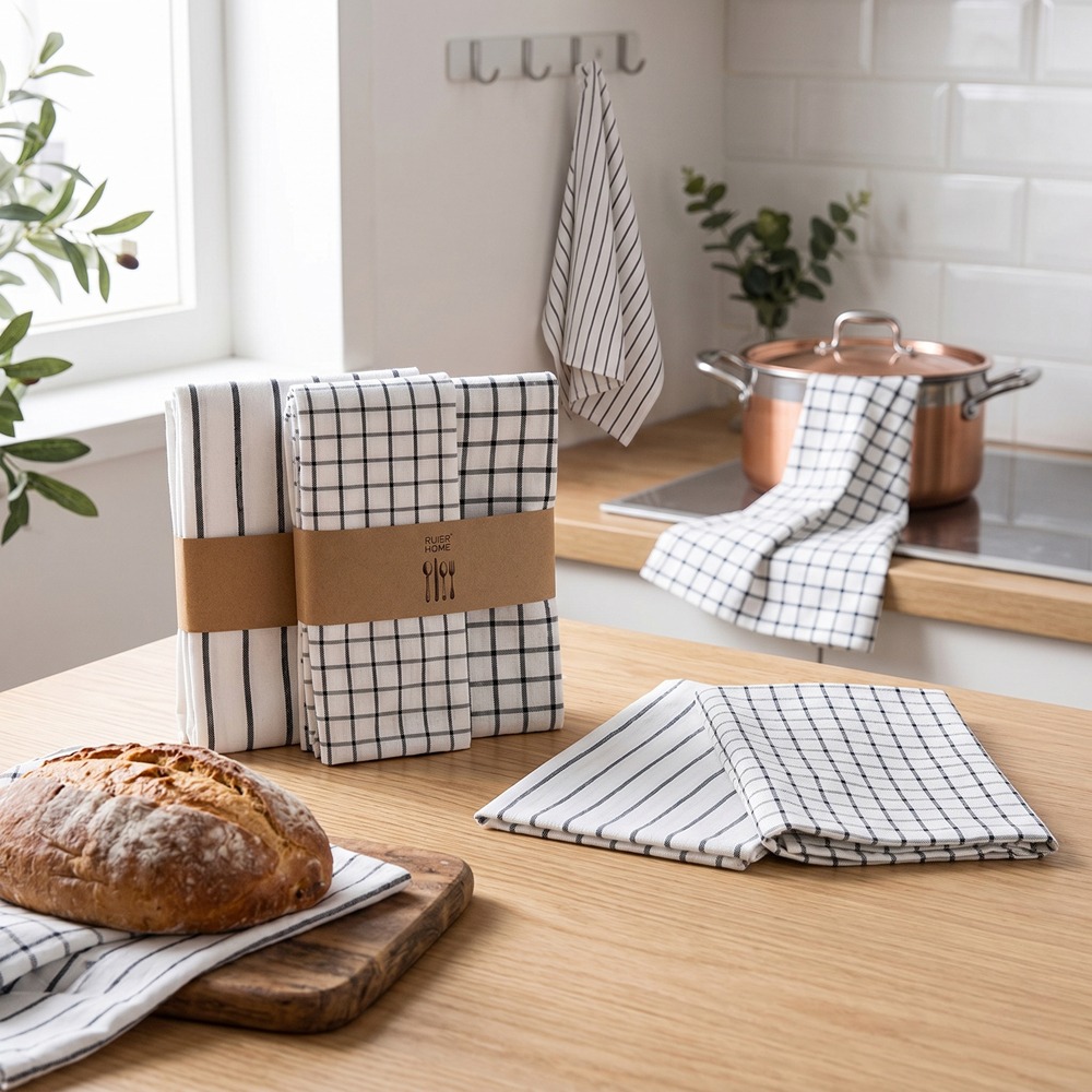 Kitchen Baking Dishes - ผ้าเช็ดจานลายสก็อตผ้าฝ้ายทันสมัย 4 ผืน ชุดผ้าเช็ดครัวลายทางคลาสสิก สำหรับผ้าเช็ดปากโต๊ะอาหาร และอุปกรณ์ประกอบฉากถ่ายภาพการอบขนม