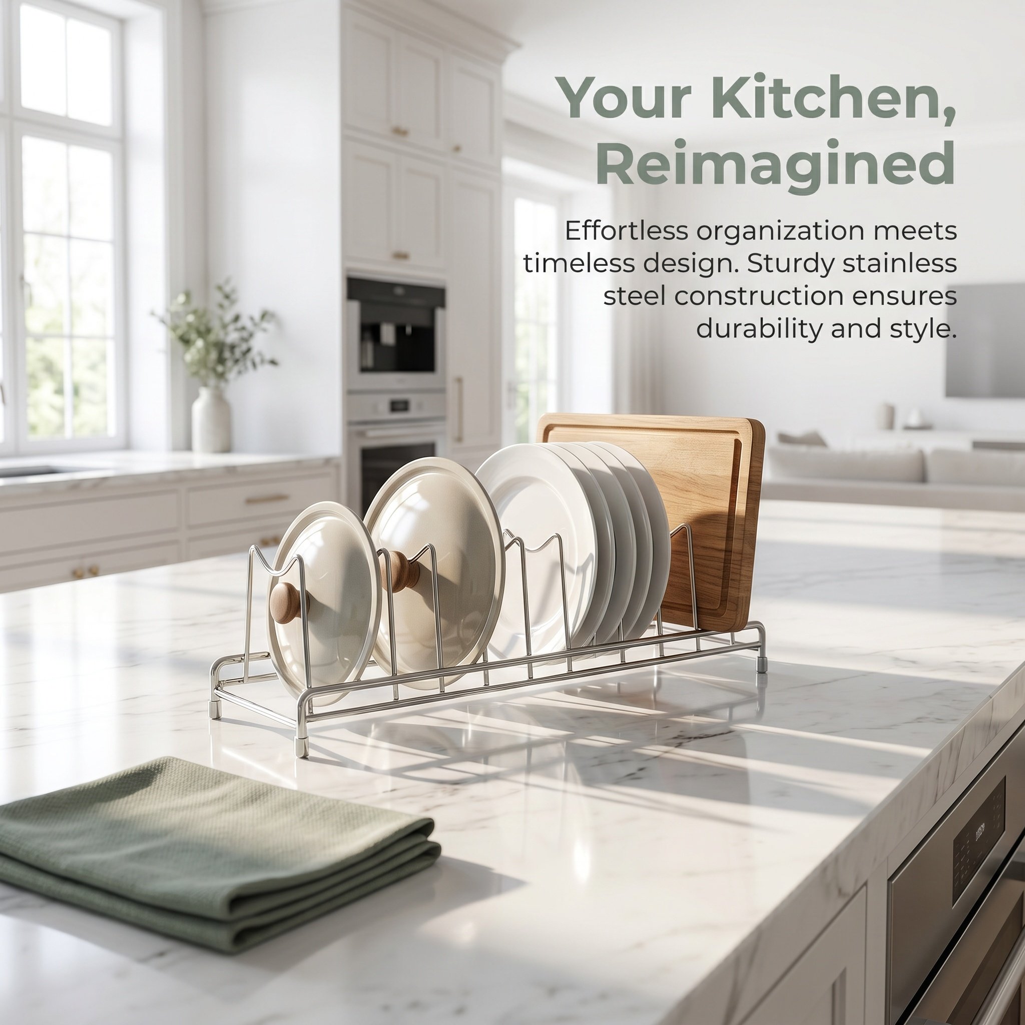 Kitchen Baking Sheet Organizer - ที่เก็บฝาหม้อสแตนเลส 9 ช่อง ชั้นวางฝาหม้อ ที่วางฝากระทะ ที่เก็บเขียง