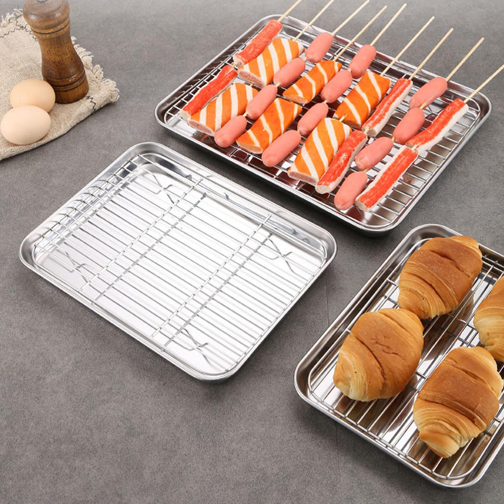 Kitchen Baking Cart - ถาดอบพร้อมชั้นวางระบายความร้อนแบบถอดได้ ชุดถาดอบสี่เหลี่ยมสแตนเลสแบบไม่ติดกระทะ สำหรับทำอาหารในครัว รถเข็นโต๊ะกลางแจ้ง