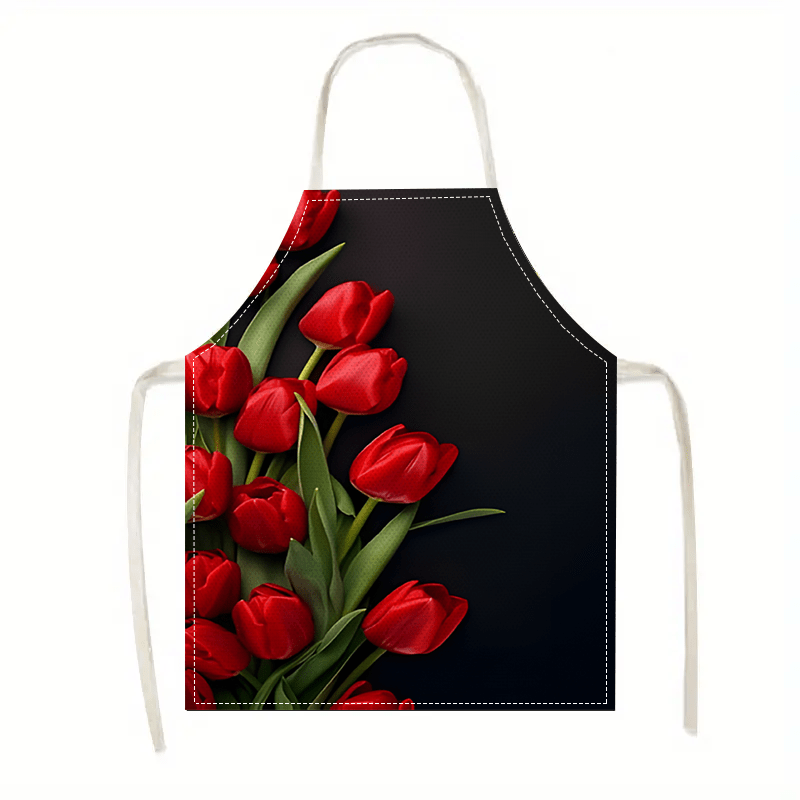 Kitchen Baking Background - ผ้ากันเปื้อนลายดอกทิวลิปสีแดง 1 ชิ้น พื้นหลังสีดำ ผ้าลินิน สำหรับทำครัว