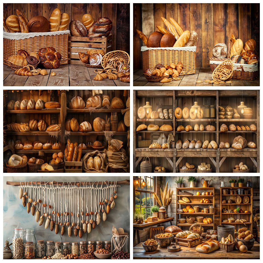 Kitchen Baking Background - ทําอาหารขนมปังฉากหลังสําหรับถ่ายภาพเบเกอรี่เบเกอรี่ขนมปังอาหารเค้กเด็ก Portrait Party ตู้ไม้ห้องครัวภาพพื้นหลัง