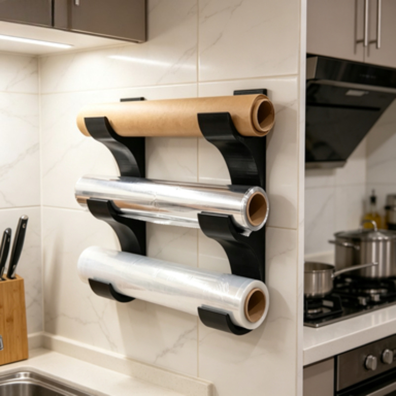 Kitchen Baking Sheet Organizer - ชั้นวางติดผนังสามชั้นสำหรับเก็บพลาสติกแรปและกระดาษรองอบ, ที่แขวนหลายม้วนเหมาะสำหรับติดประตูตู้ครัว, ใช้ในสตูดิโอเบเกอรี่และงานจัดเลี้ยง
