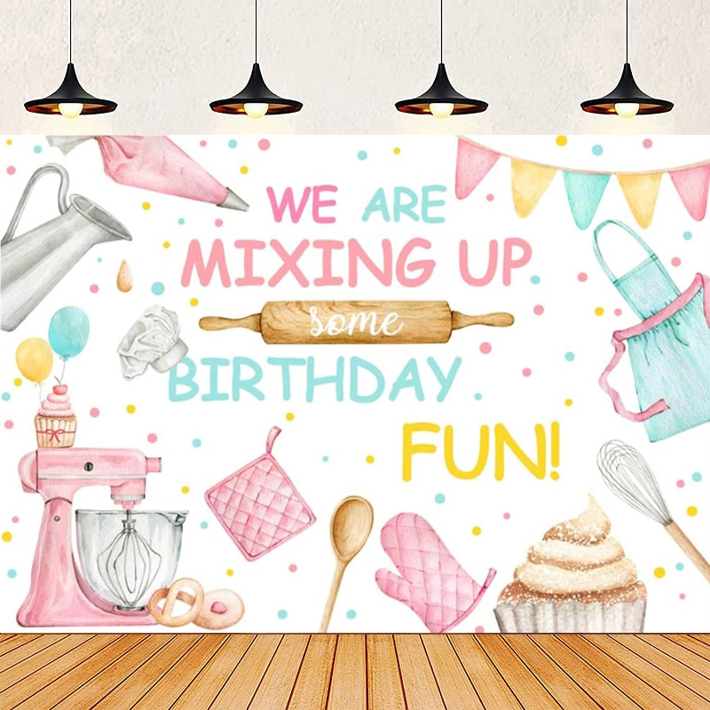 Kitchen Baking Background - พื้นหลังถ่ายภาพวันเกิดธีมขนมหวานสีชมพู ฉลองครบรอบ กำลังผสมเครื่องครัว ป้ายแบนเนอร์ติดผนังสำหรับงานปาร์ตี้