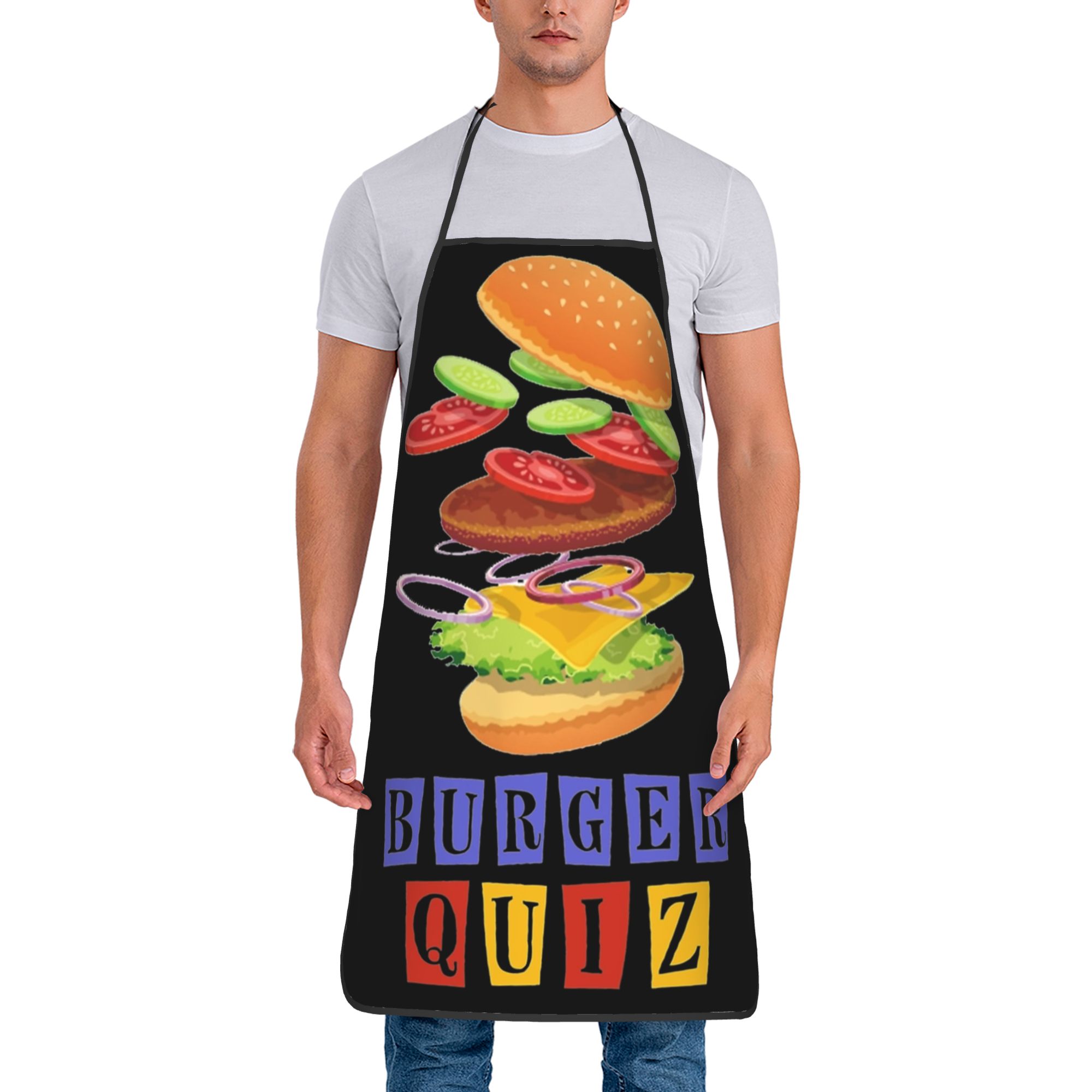 Kitchen Quiz - ผ้ากันเปื้อนเบอร์เกอร์ควิซ น่ารัก สำหรับทำความสะอาด อุปกรณ์ครัวสำหรับผู้ใหญ่ ผ้ากันเปื้อนบาร์บีคิว ไม่มีกระเป๋า
