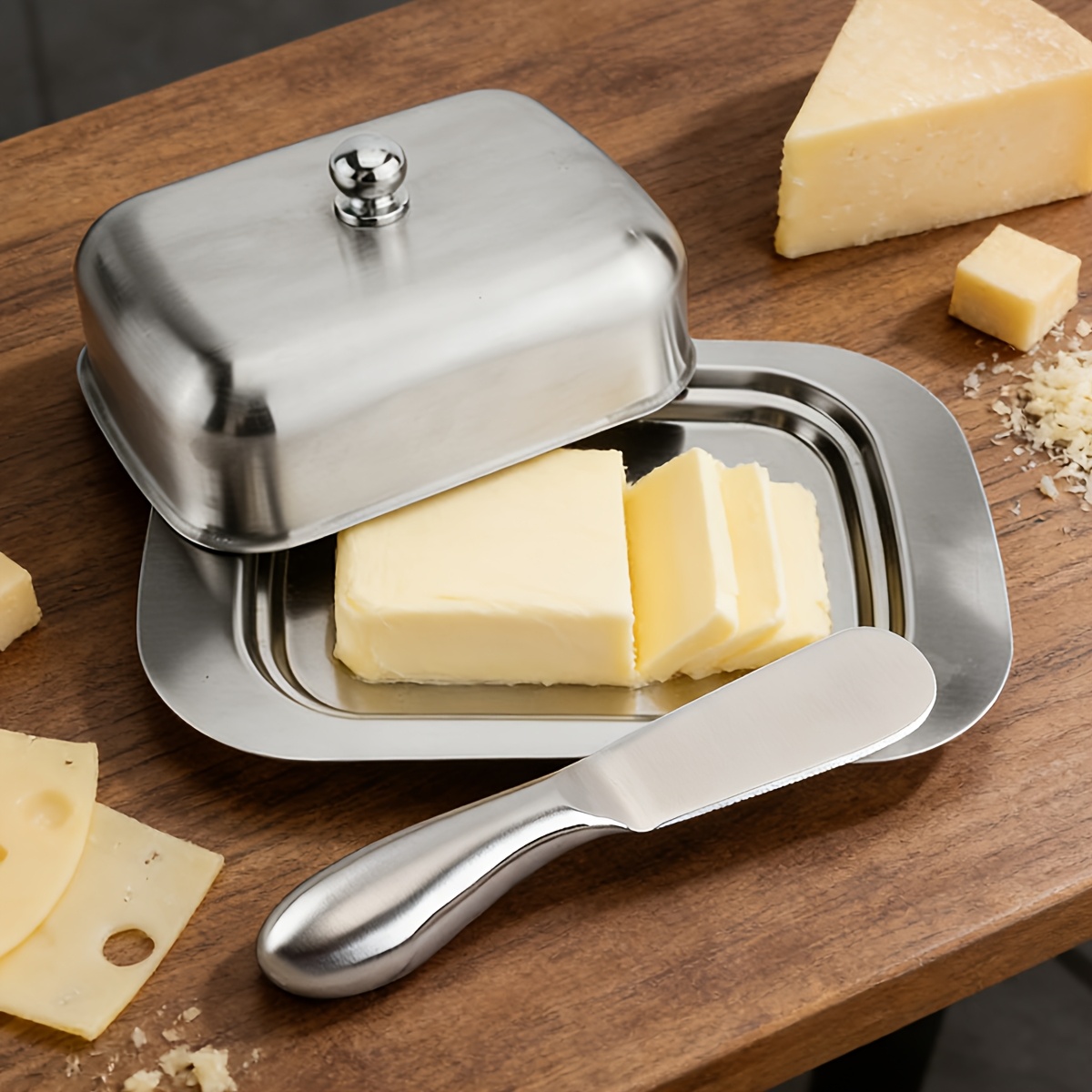 Kitchen Baking Dishes - กล่องใส่เนยสแตนเลส 1 ชิ้น พร้อมฝาปิดและหูจับ ดีไซน์สวยงาม กล่องใส่ขนม