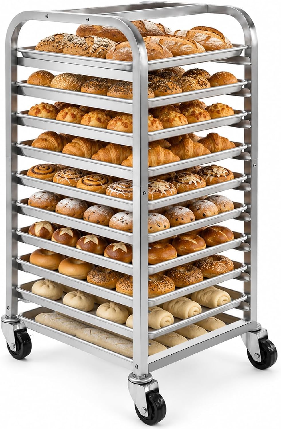 Kitchen Baking Cart - ชั้นวางถาดสแตนเลส 10 ชั้นพร้อมล้อเลื่อน รถเข็นเบเกอรี่แบบเคลื่อนที่ ชั้นวางถาดขนมปังแบบเร็ว ชั้นวางของอเนกประสงค์สำหรับบ้าน