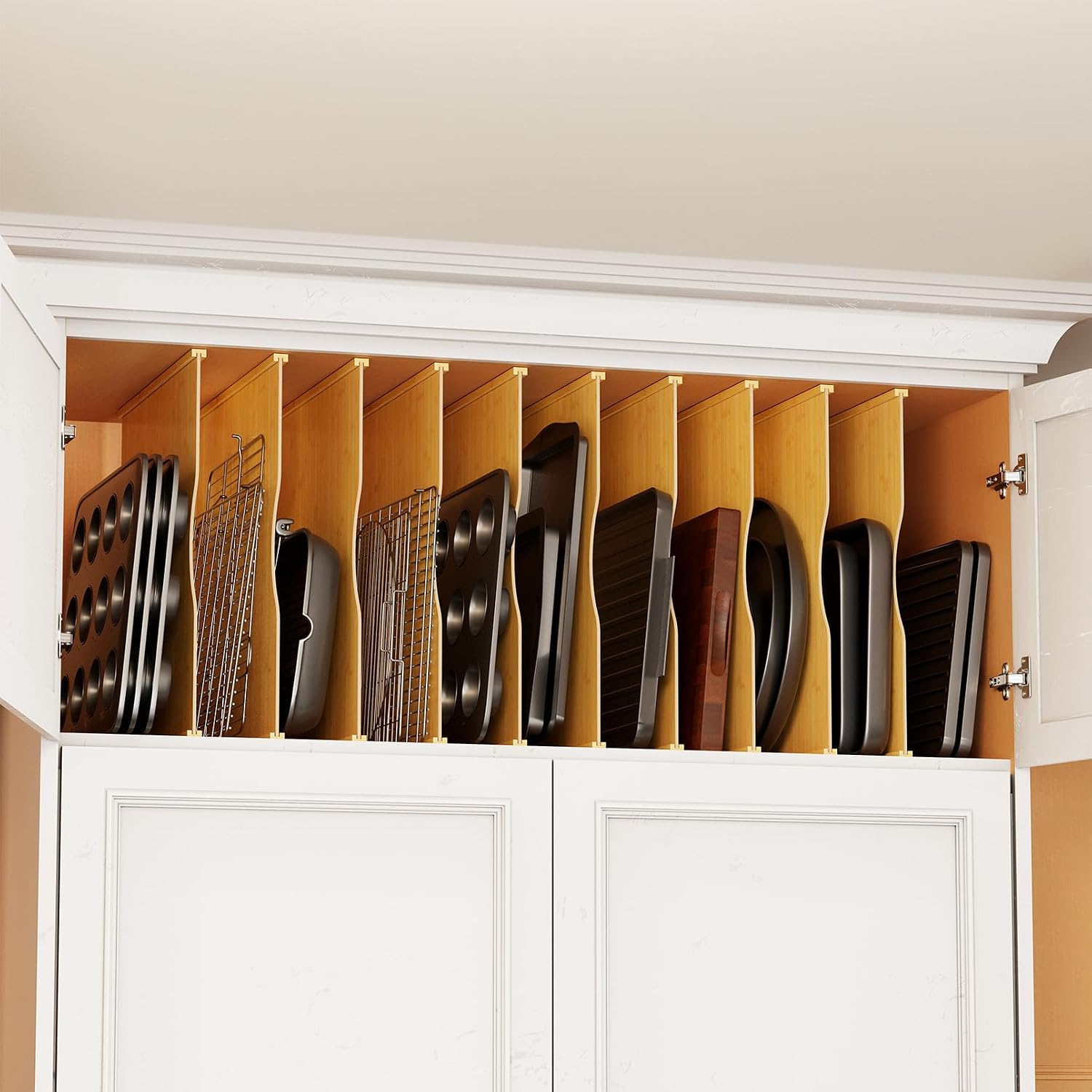 Kitchen Baking Sheet Organizer - ชุด 10 ชิ้น แผ่นแบ่งถาดไม้ไผ่สำหรับตู้ครัว, ที่จัดระเบียบถาดอบและถาดคุกกี้แบบแนวตั้ง, ตัวแบ่งสำหรับจัดเก็บอุปกรณ์อบขนมในตู้และห้องเก็บของ
